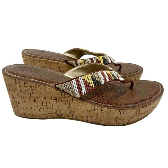 SAM EDELMAN Women 7.5 ROSA Beaded Cork Wedge Sandals Shoe Beiges Flip Flops - Picture 7 of 8